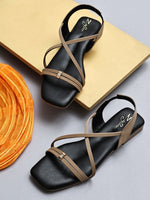 Zaysoo women's black flat sandals with criss-cross beige straps and a small gold buckle detail.