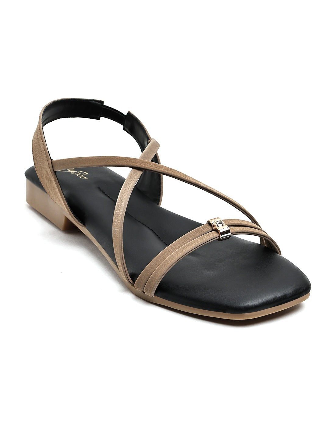 Zaysoo women's flat sandals in black with tan criss-cross straps and a back strap. Features a small metallic ornament.