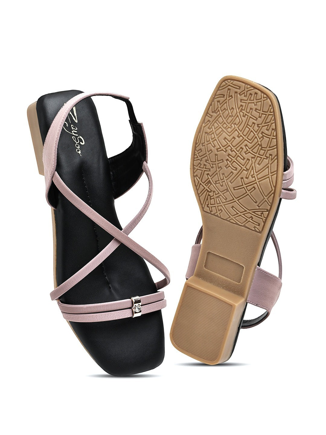 Zaysoo women's pink synthetic leather criss-cross strap flat sandals with a square toe and back strap.