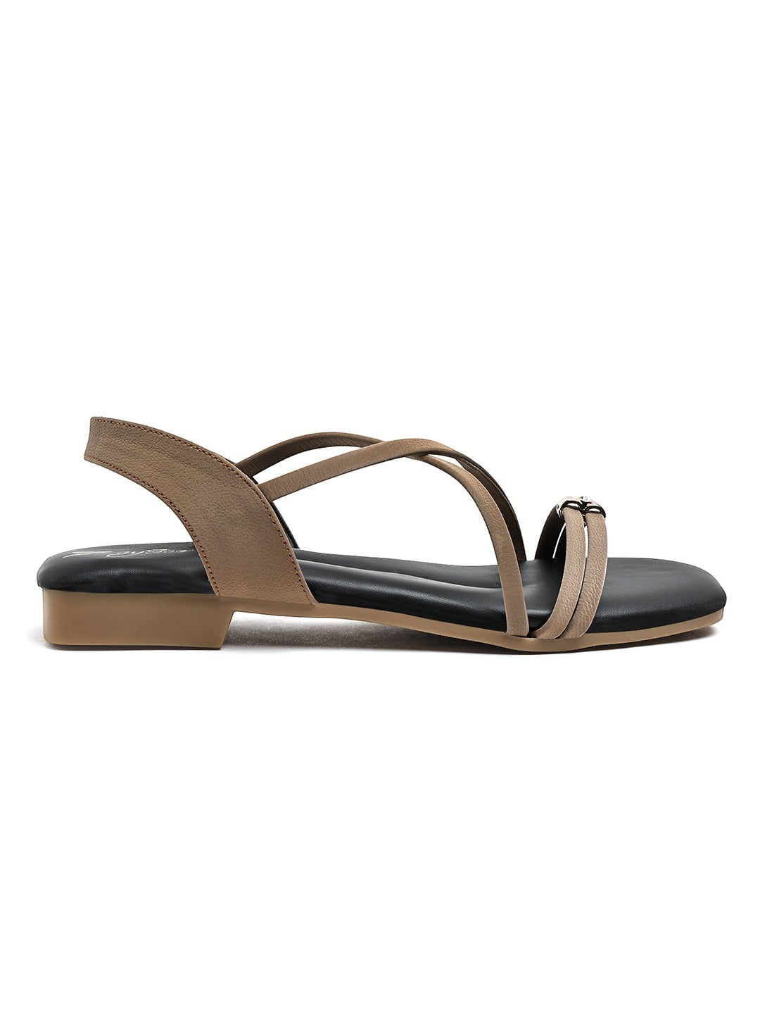Zaysoo women's tan synthetic leather criss-cross strap flat sandals with back strap and metallic accent.